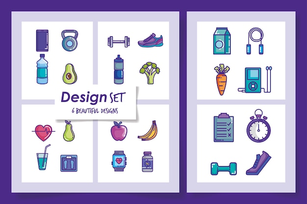 ベクトル 健康的なライフスタイルの6つのデザイン
