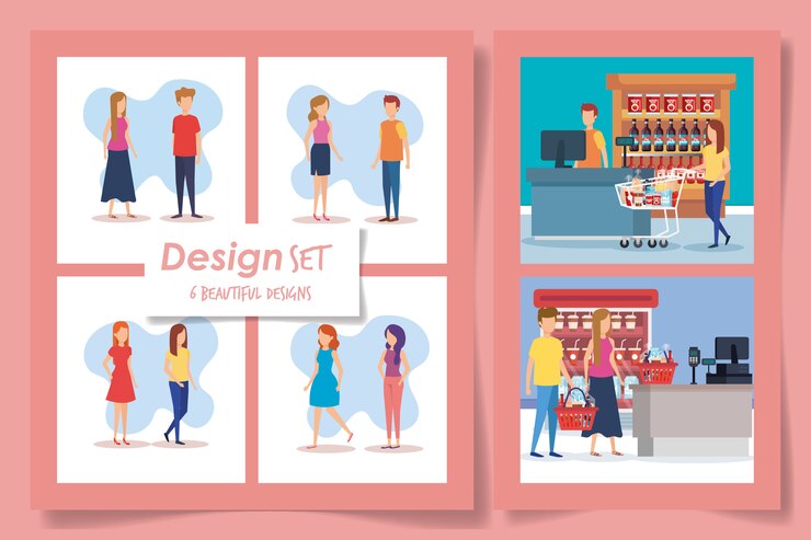 Vector six designs of supermarket customer