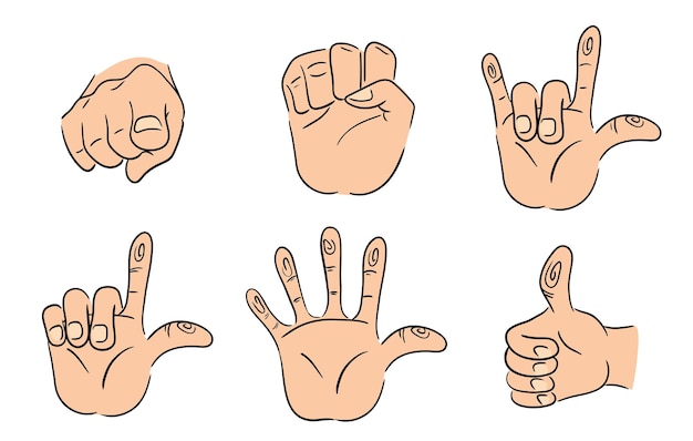 Six different hand gestures illustrated in a cartoon style