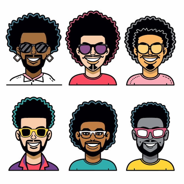 Vector six diverse cartoon male characters afros showcased shoulders up character smiling