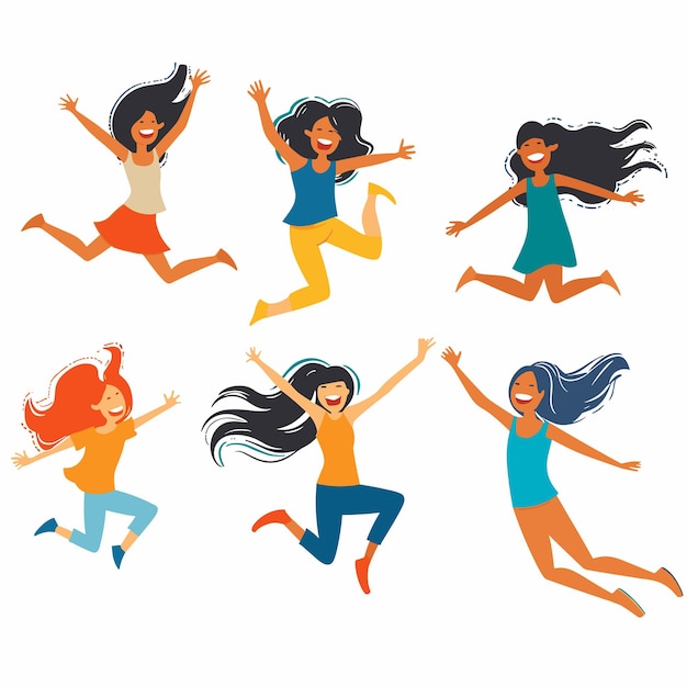 Six diverse women illustrated jumping joyously displaying happiness energy different hairstyles