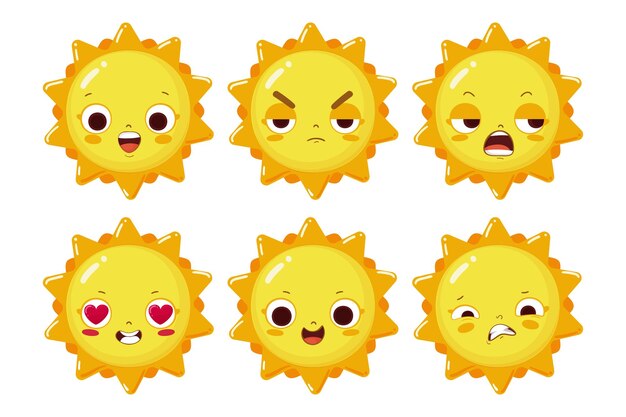Vector six emoji sun cute character