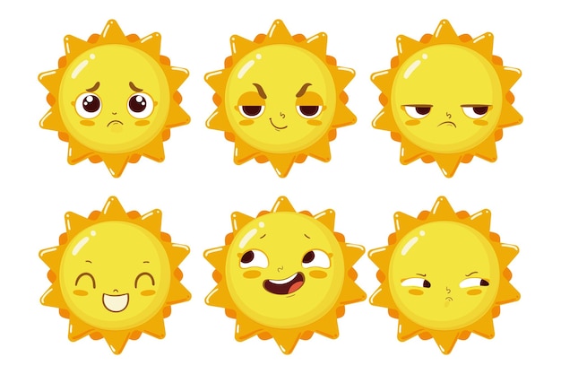여섯 이모티콘 태양 귀여운 캐릭터