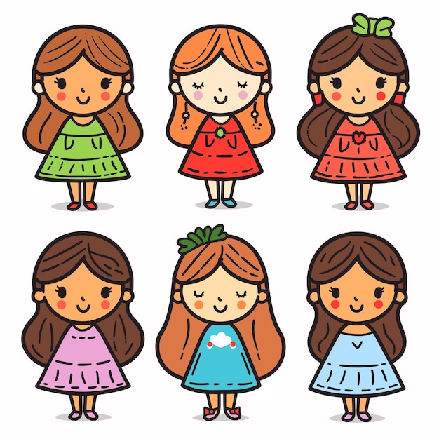 Vettore sei ragazze illustrate che sorridono con capelli e vestiti di diversi colori, caricature di personaggi femminili carinosi.