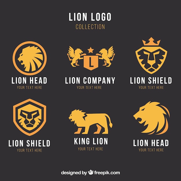 Six lion logos on a dark background