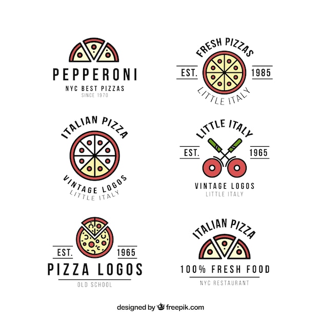 Sei loghi per la pizza su uno sfondo bianco