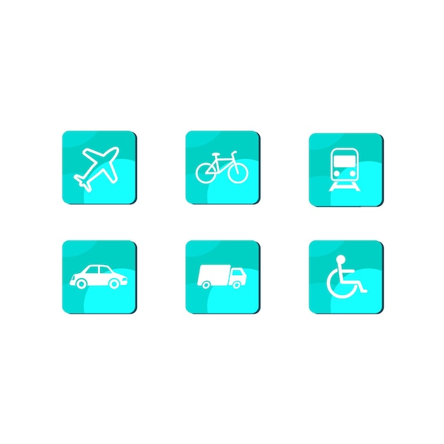 six logos set of means of transportation, planes, trucks, cars, bicycles, wheelchairs, trains.