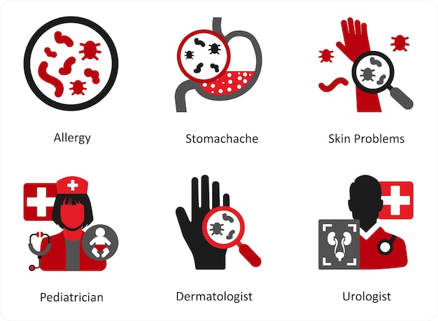 Вектор Шесть медицинских икон в красном и черном, как аллергия, желудок и проблемы с кожей.