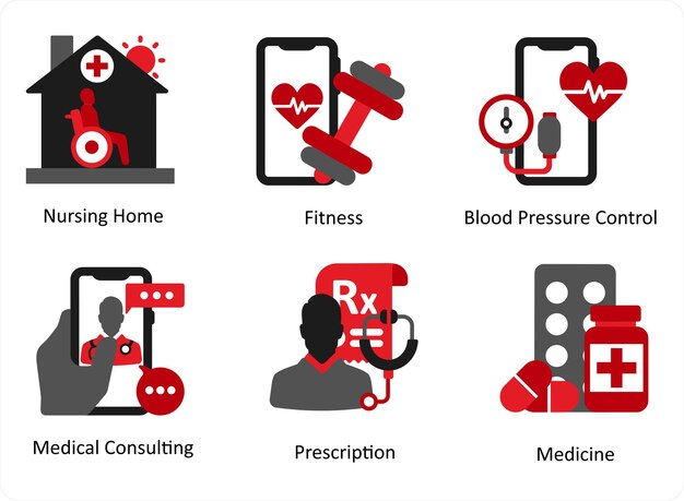 ベクトル 赤と黒の6つの医療アイコン 介護施設のフィットネス 血圧制御