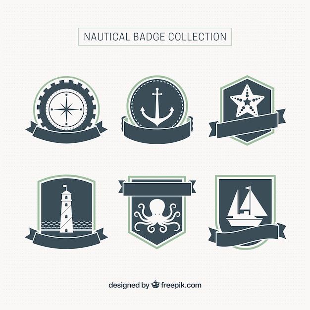 Six nautical badges with ribbons