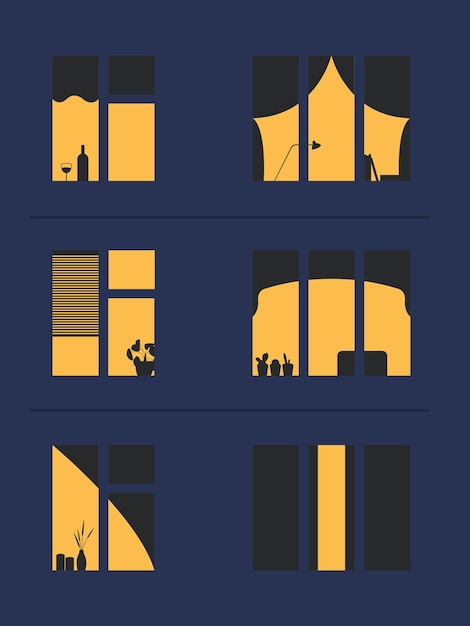 Vector six night windows of an apartment building minimalism style