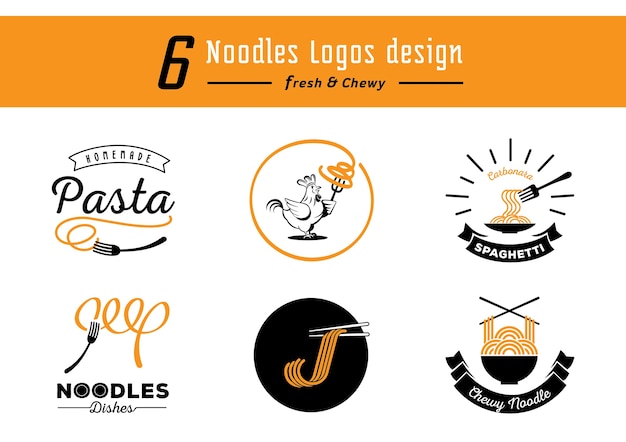 Vector six noodle logos design with yellow chewy noodles