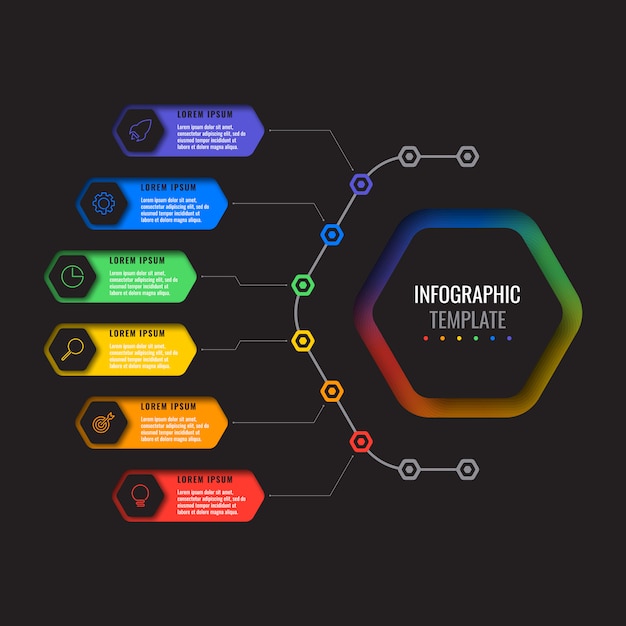 Modello di infografica layout design sei opzioni con elementi esagonali. diagramma di processo aziendale per brochure, banner, relazione annuale e presentazione