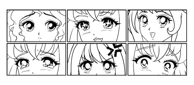Six pairs of anime eyes look. Manga style. Japanese comic. Hand drawn vector illustration for print. Isolated on white.
