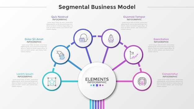 内側に細い線の記号が付いた6つの紙の白い丸い要素が、中央のメイン円を囲んでいます。 6つのステップからなるセグメントビジネスモデルの概念。モダンなインフォグラフィックデザインテンプレート。ベクトルイラスト。