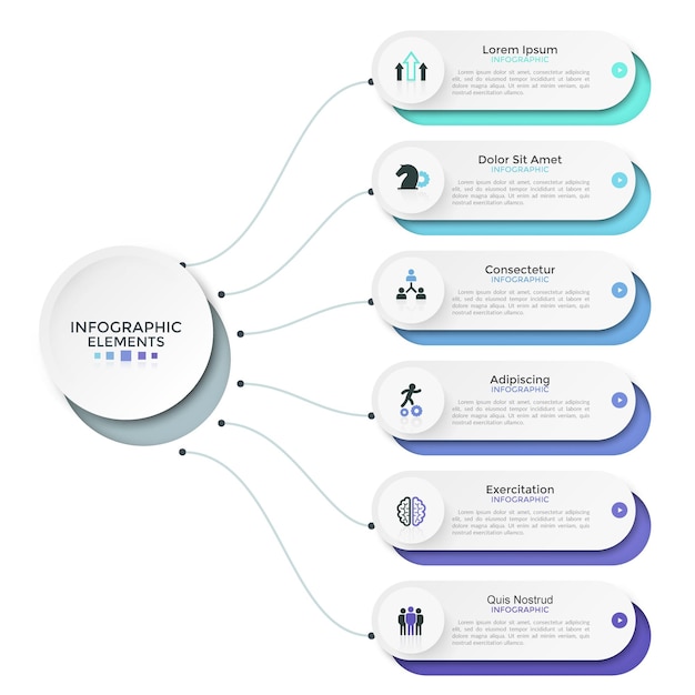 6개의 흰색 둥근 요소, 옵션 또는 특성이 기본 원에 선으로 연결됩니다. 현대 infographic 디자인 레이아웃입니다. 비즈니스 프레 젠 테이 션, 브로셔, 보고서에 대 한 벡터 일러스트 레이 션.