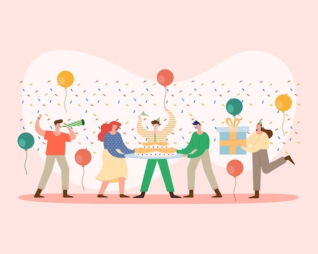 Vector six persons celebrating birthday party characters