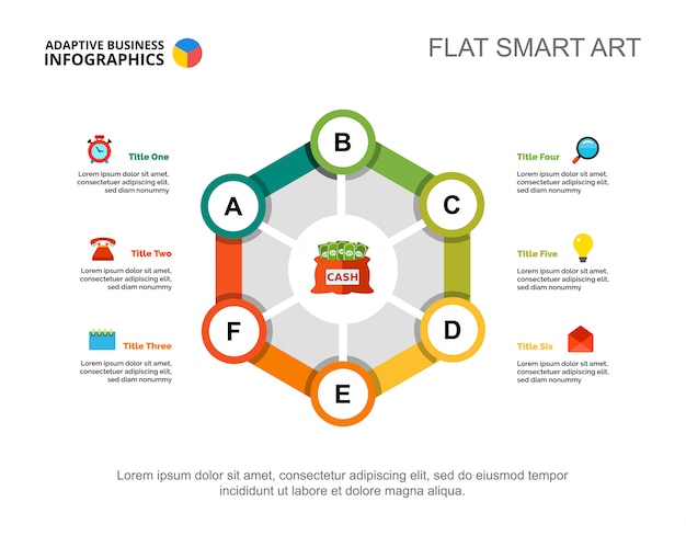 Diagramma di processo a sei punti. dati aziendali investimento, denaro, design.