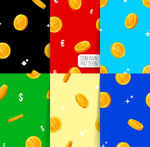 Six seamless pattern golden coins falling coins rain pattern