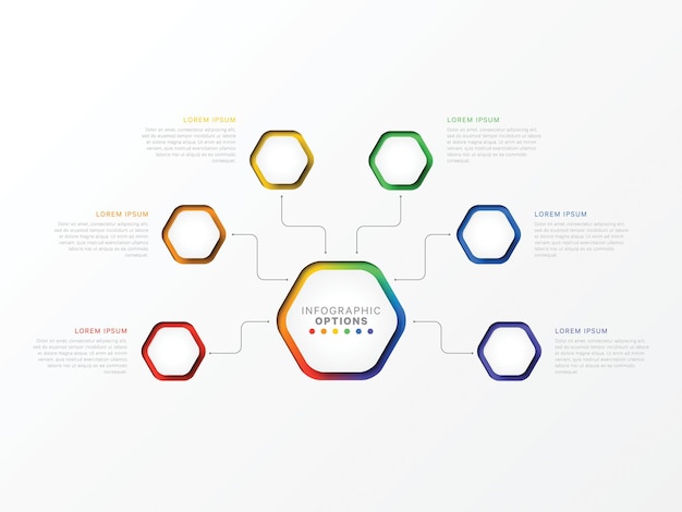 Infografica in sei passaggi con opzioni aziendali di elementi esagonali per il flusso di lavoro del diagramma dell'opuscolo