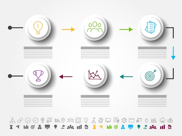 Sei passi di successo, layout timeline infographics con icone impostate, in versione in bianco e nero e colorato.