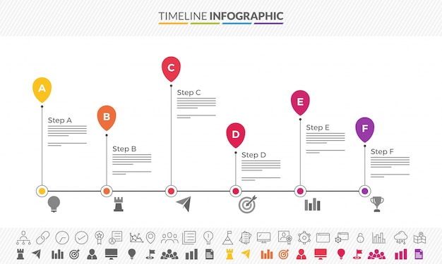 Vector six steps, timeline infographics layout with icons set, in black and white and colorful versions.