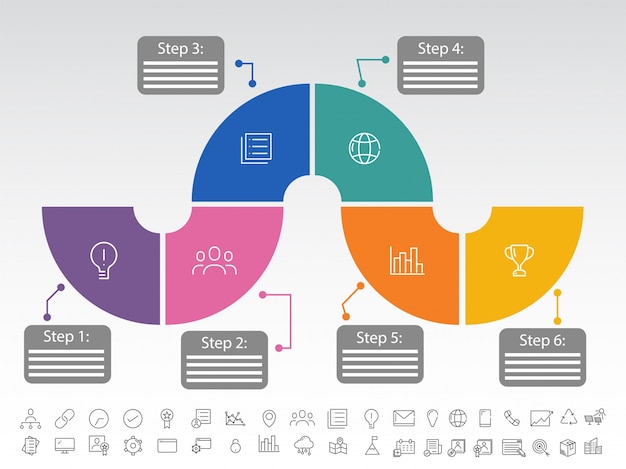 Sei passi, il layout di infographics timeline con le icone impostate, in versione in bianco e nero.