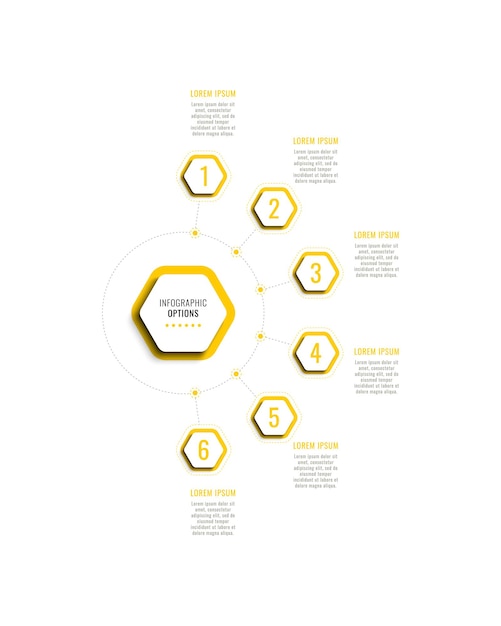 Modello di infografica verticale a sei passaggi con elementi esagonali gialli su sfondo bianco