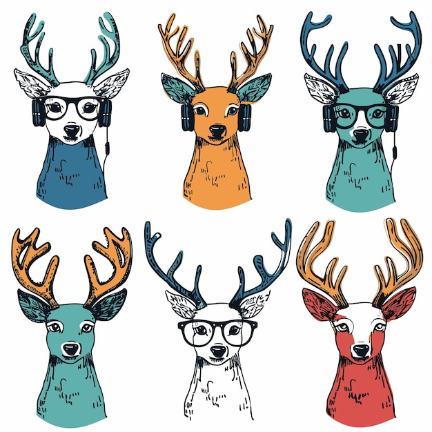 six stylized deer heads unique features accessories cartoon deer headphones glasses artistic
