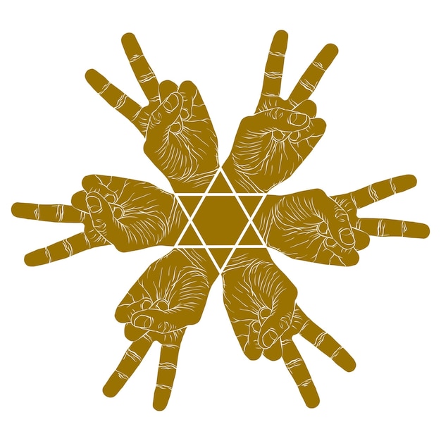 Six victory hands abstract symbol with hexagonal star, vector special emblem with human hands.