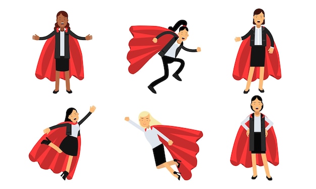 Vector six women in official black business suits and red heroic mantles in different poses with various emotions superhero concept vector illustration set cartoon character isolated white background