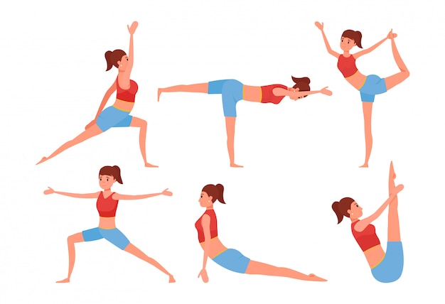 Шесть поз йоги установлены. Улыбающаяся девушка персонаж делает упражнения.