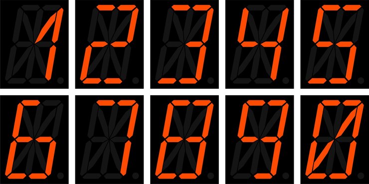 Vector sixteensegment display with numerals in orange color isolated on white background