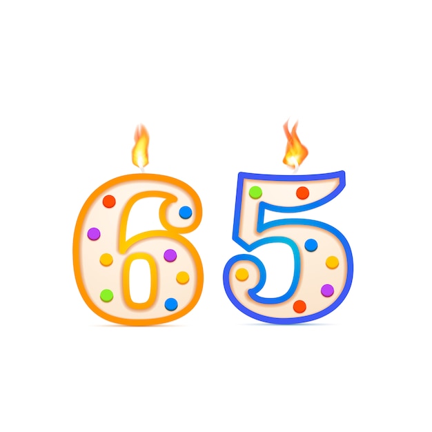 Vector sixty five years anniversary, 65 number shaped birthday candle with fire on white