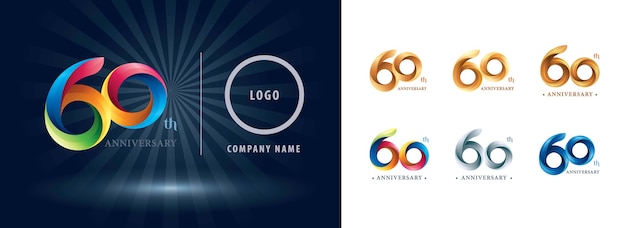 Sixty years celebration anniversary logo, origami stylized number letters, twist ribbons logo