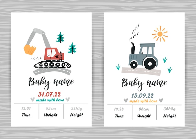 Sjablonen voor babyshoweruitnodigingen met auto's geboortedatum, lengte, gewicht perfect voor kinderkamerdecoratie, posters en wanddecoraties