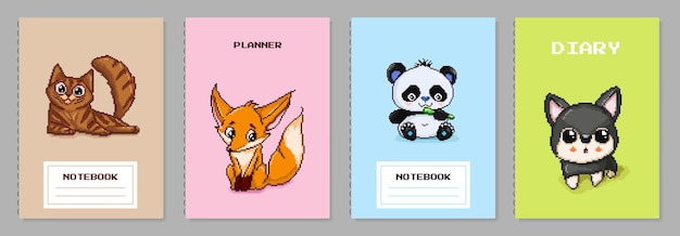 Sjablonen voor voorbladen. vector pixel art dieren prints. toepasselijke patronen voor notebooks, planners.