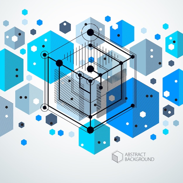 Sjabloon 3D blauw ontwerp lay-out voor brochure, flyer, poster, reclame, dekking, vector abstracte moderne achtergrond. Samenstelling van kubussen, zeshoeken, vierkanten, rechthoeken en verschillende abstracte elementen