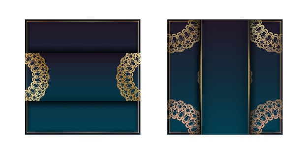 Sjabloon felicitatiebrochure met blauwe kleurverloop met mandala gouden ornament voorbereid voor typografie.