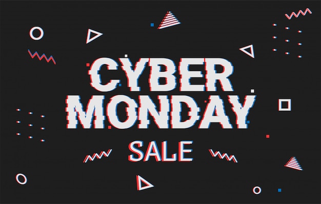 Sjabloon geometrische webbanner voor cyber maandag aanbieding. Promotieontwerp in glitchstijl met geometrisch deeltje voor cyberverkoop. Memphis glitch. 8-bit pixel art stijl.