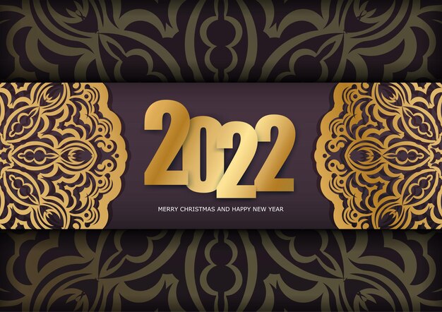 Sjabloon Groet Brochure 2022 Prettige Kerstdagen en Gelukkig Nieuwjaar bordeauxrode kleur met vintage gouden patroon