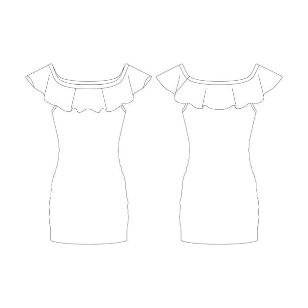 Vector sjabloon korte jurk uit de schouders met ruches vector illustratie platte ontwerp overzicht kleding