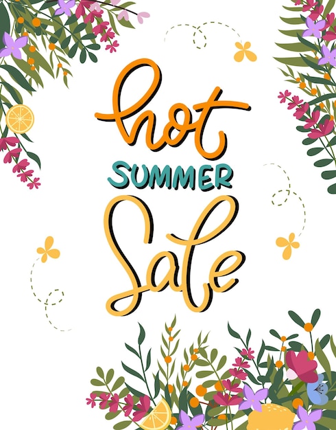 Sjabloon met handgeschreven letters Hot summer sale omringd door kleurrijke bloemen