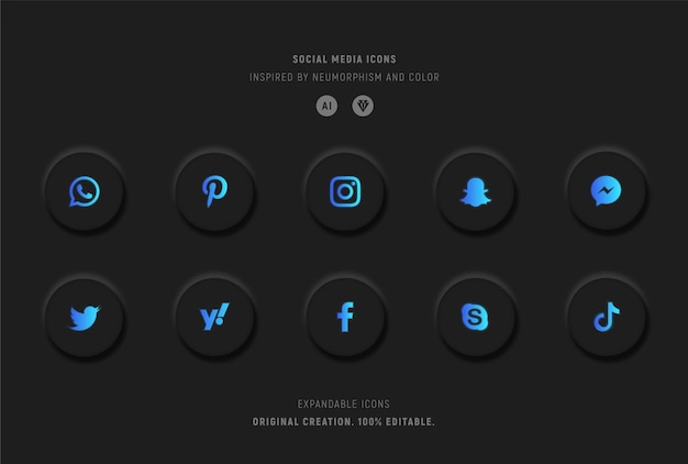 Sjabloon met pictogrammen voor sociale media neumorfe stijl zwarte kleur met blauw verloop