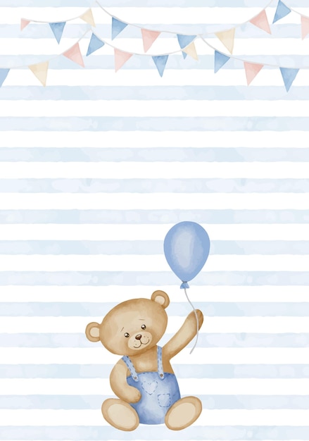 Vector sjabloon met teddybeer en kralen voor baby shower groetekaartjes of nieuwgeboren feest uitnodigingen waterverf illustratie met kinderlijke speelgoed in blauwe pastelkleuren voor meisje of jongen verjaardag