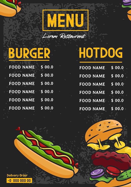 sjabloon ontwerp van Fast food menu met burger en hotdog vector