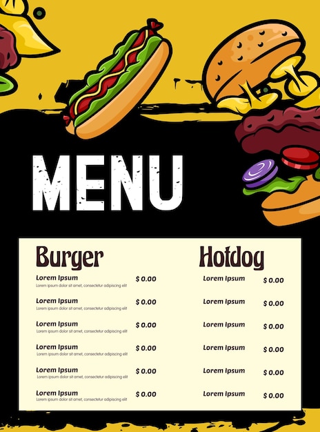 sjabloon ontwerp van Fast food menu met burger en hotdog vector