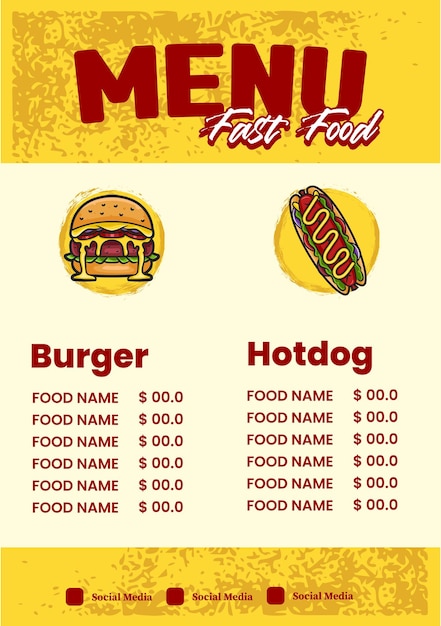 Sjabloon ontwerp van fast food menu met burger en hotdog vector