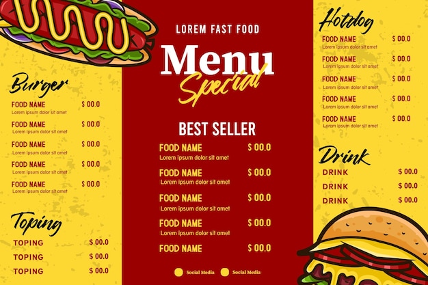 sjabloon ontwerp van Fast food menu met burger en hotdog vector