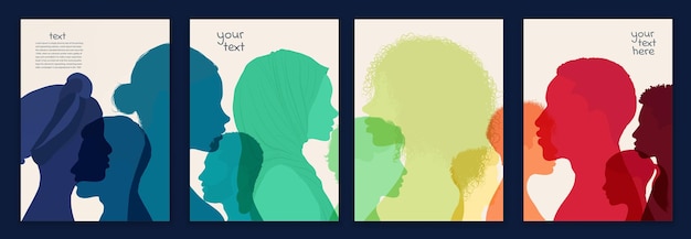 Sjabloon poster silhouet profielgroep mensen mannen en vrouwen van diverse culturen Diversiteit cultureel